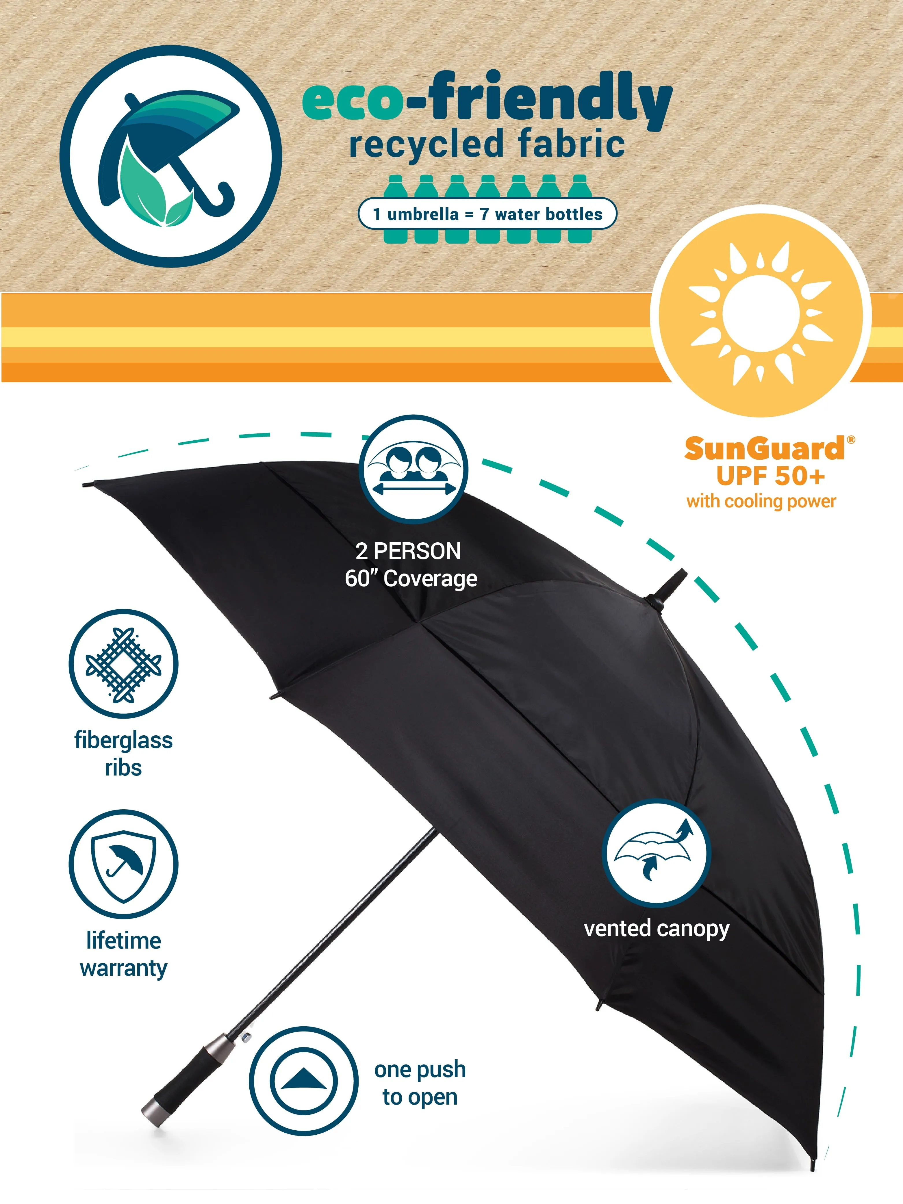 Vented Auto Open Stormbeater Golf Stick Umbrella with Sunguard® Black