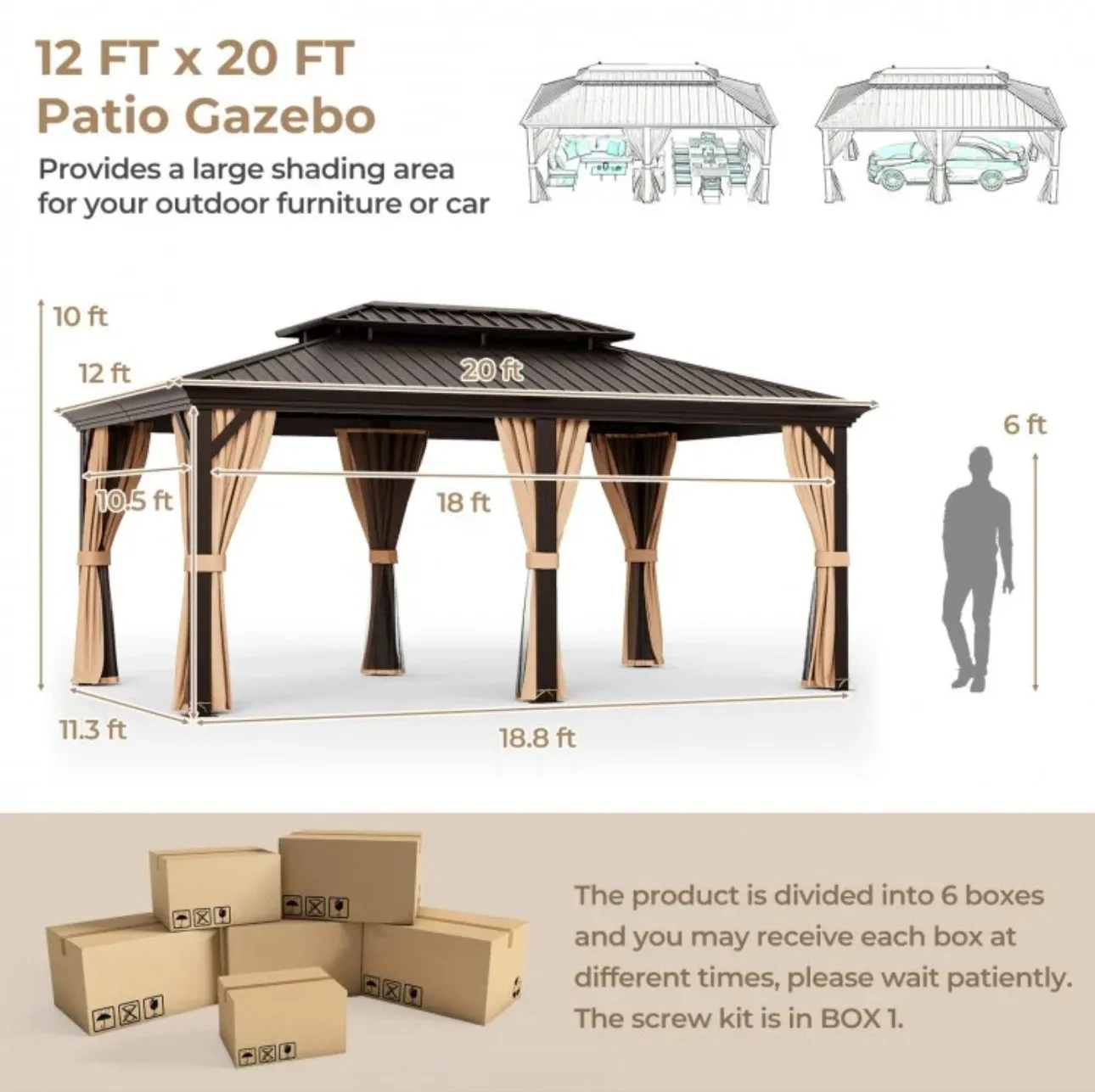 Very Classy Heavy Duty 12’ by 20’ Double-Roof Hardtop Patio Gazebo With Galvanized Steel Roof | All Season | Sun Protection | Water Resistant | Water Gutters