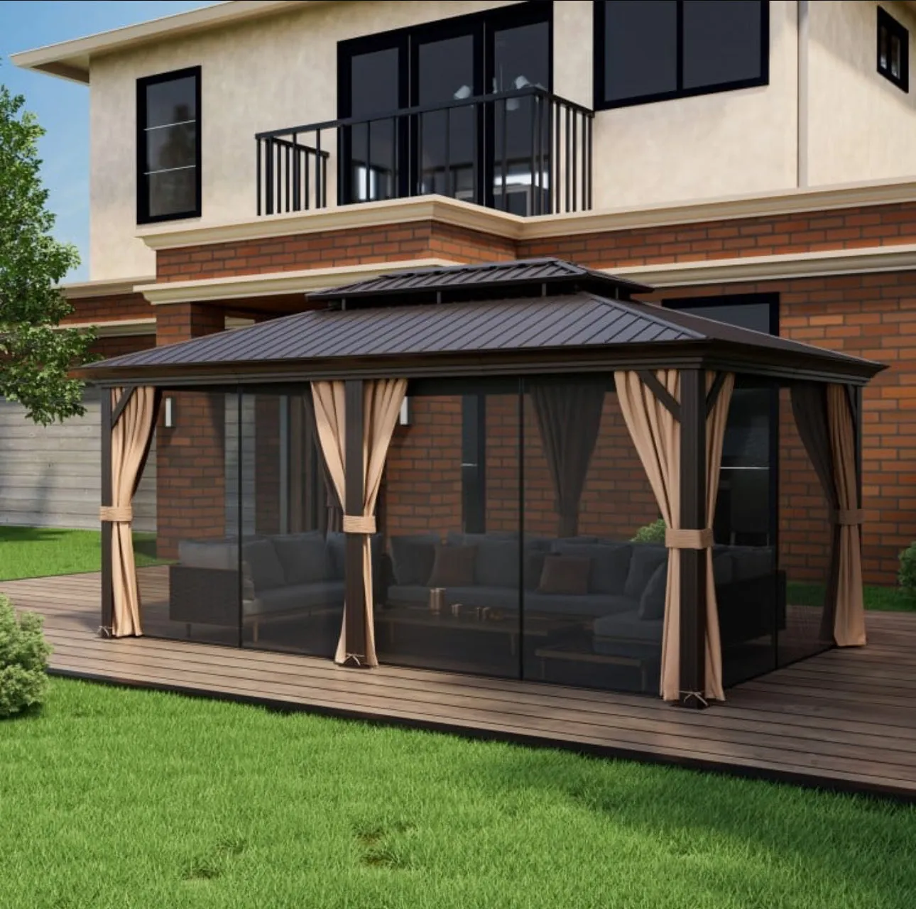 Very Classy Heavy Duty 12’ by 20’ Double-Roof Hardtop Patio Gazebo With Galvanized Steel Roof | All Season | Sun Protection | Water Resistant | Water Gutters