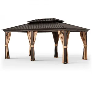 Very Classy Heavy Duty 12’ by 20’ Double-Roof Hardtop Patio Gazebo With Galvanized Steel Roof | All Season | Sun Protection | Water Resistant | Water Gutters