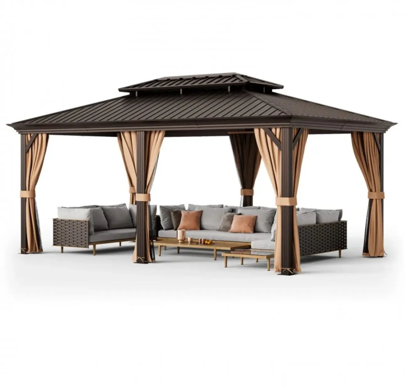 Very Classy Heavy Duty 12’ by 20’ Double-Roof Hardtop Patio Gazebo With Galvanized Steel Roof | All Season | Sun Protection | Water Resistant | Water Gutters