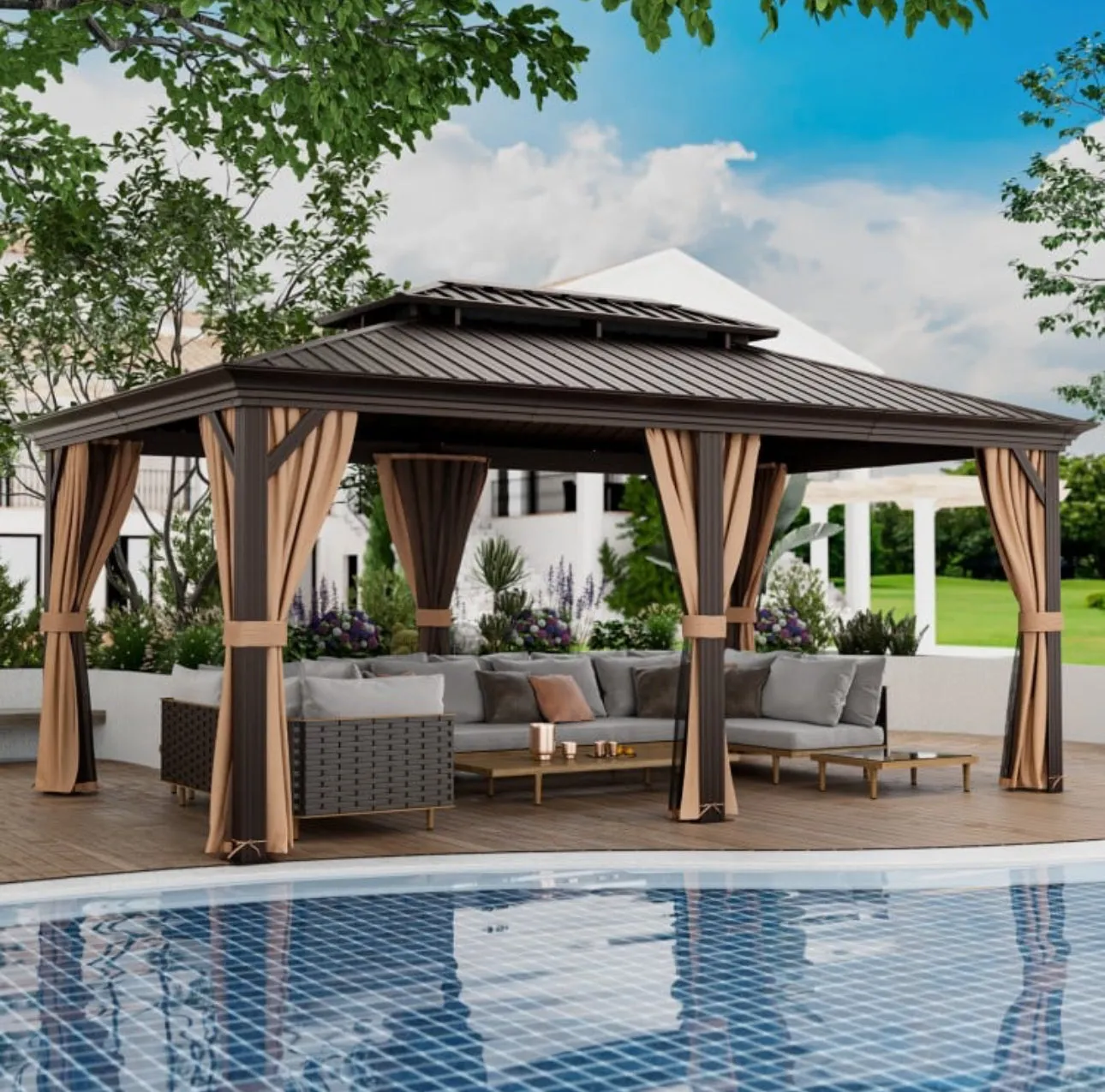 Very Classy Heavy Duty 12’ by 20’ Double-Roof Hardtop Patio Gazebo With Galvanized Steel Roof | All Season | Sun Protection | Water Resistant | Water Gutters