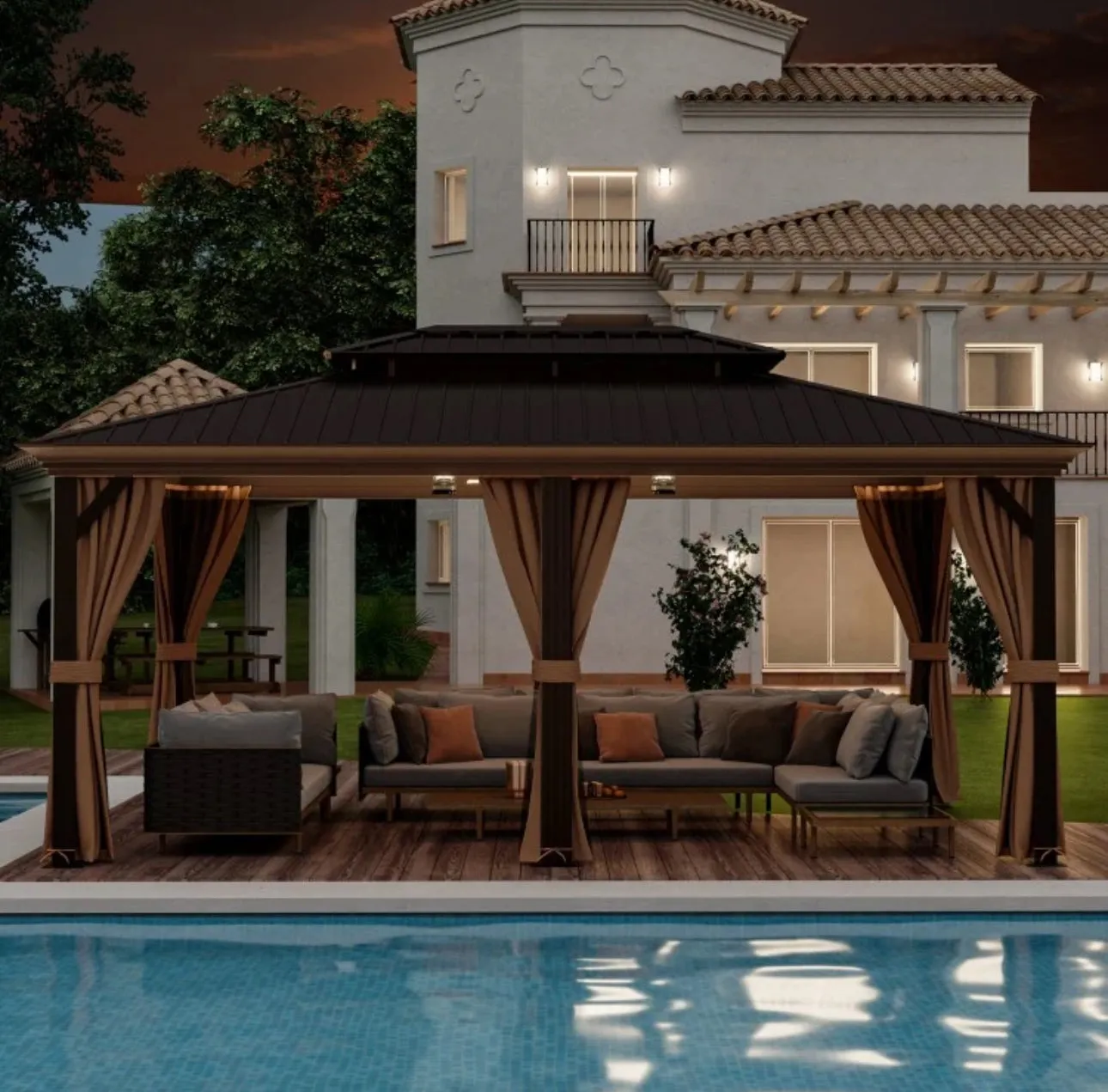 Very Classy Heavy Duty 12’ by 20’ Double-Roof Hardtop Patio Gazebo With Galvanized Steel Roof | All Season | Sun Protection | Water Resistant | Water Gutters