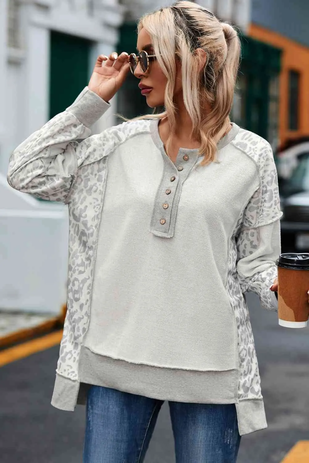 Violet Leopard Exposed Seam Buttoned Round Neck Blouse