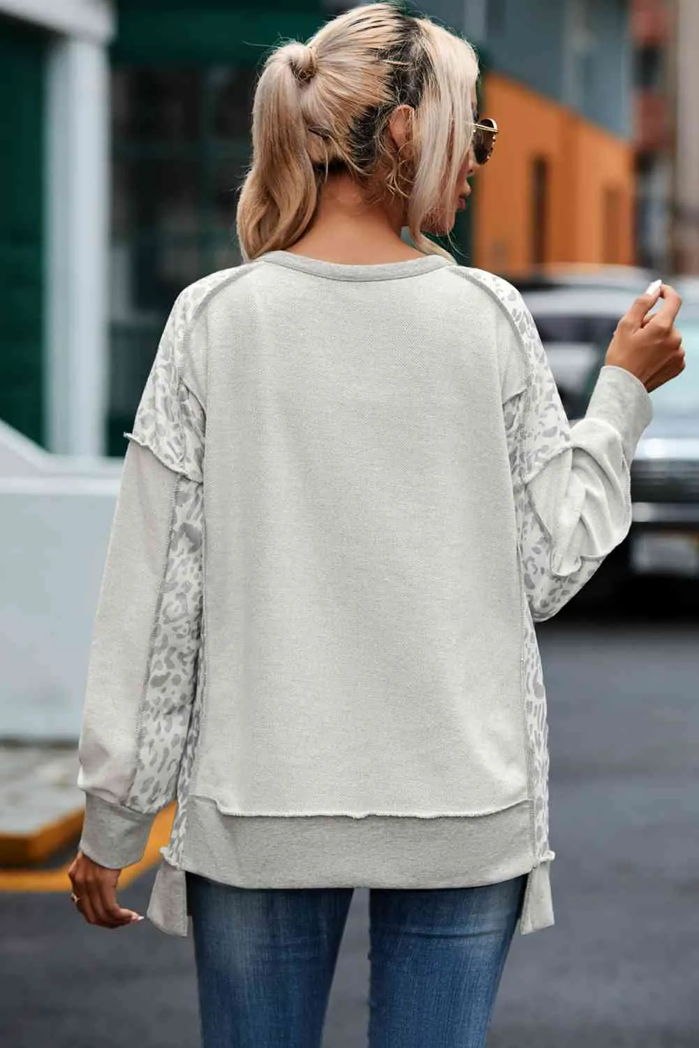 Violet Leopard Exposed Seam Buttoned Round Neck Blouse