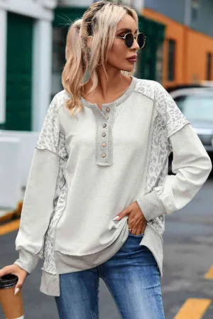 Violet Leopard Exposed Seam Buttoned Round Neck Blouse