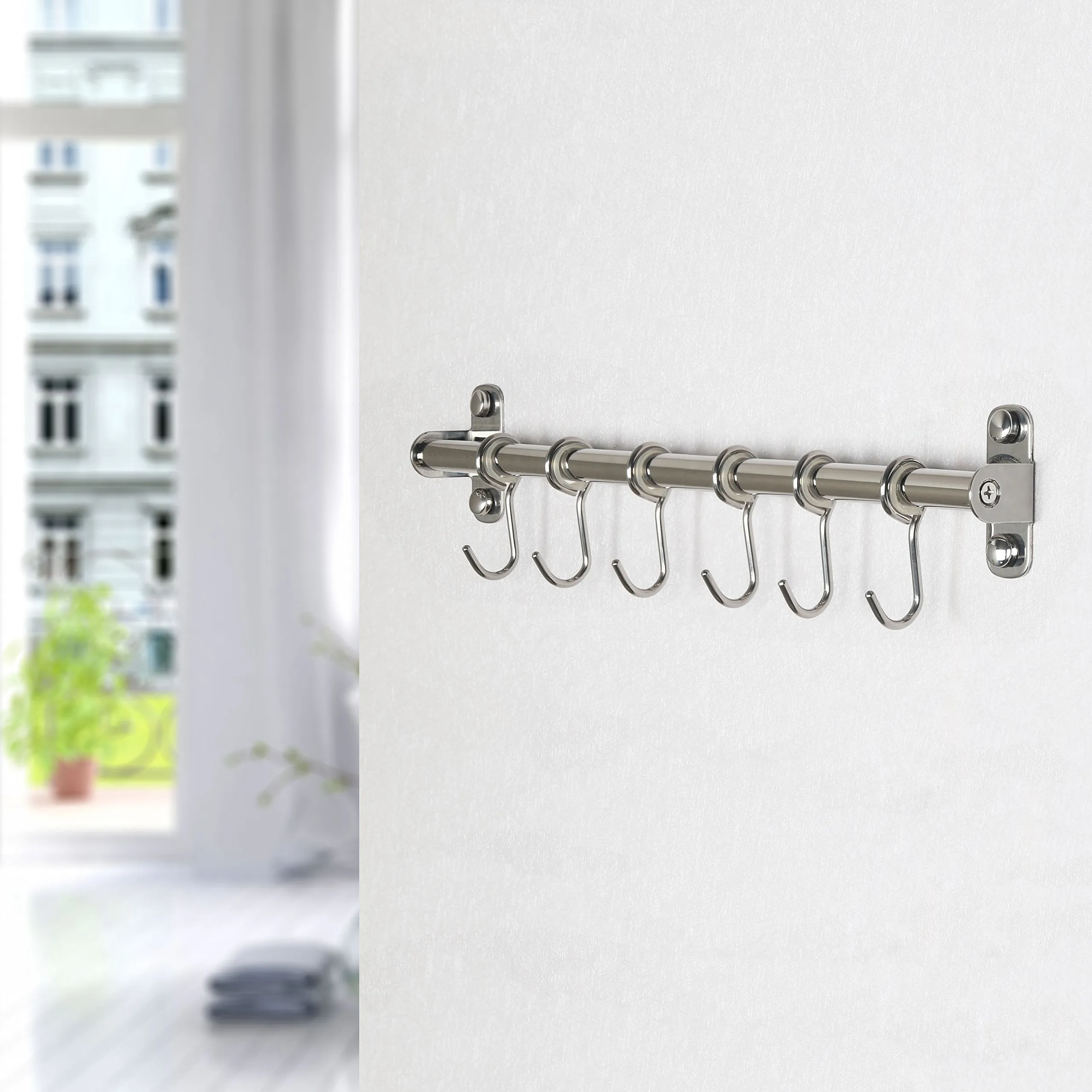 WEBI Kitchen Sliding Hooks, Solid Stainless Steel Hanging Rack Rail with 14 Utensil Removable S Hooks for Towel, Pot Pan, Spoon, Loofah, Bathrobe, Wall Mounted,2 Packs