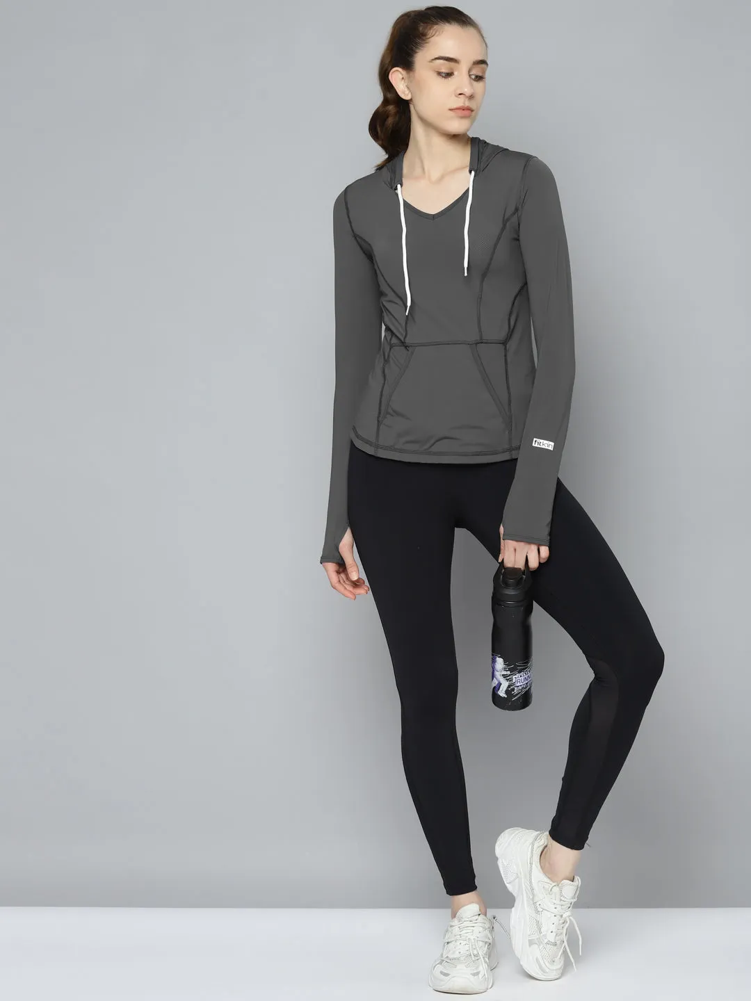 Women's Charcoal Grey Solid Sporty Hooded T-shirt