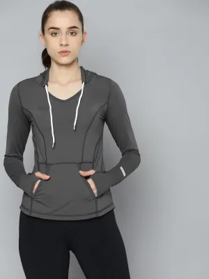 Women's Charcoal Grey Solid Sporty Hooded T-shirt