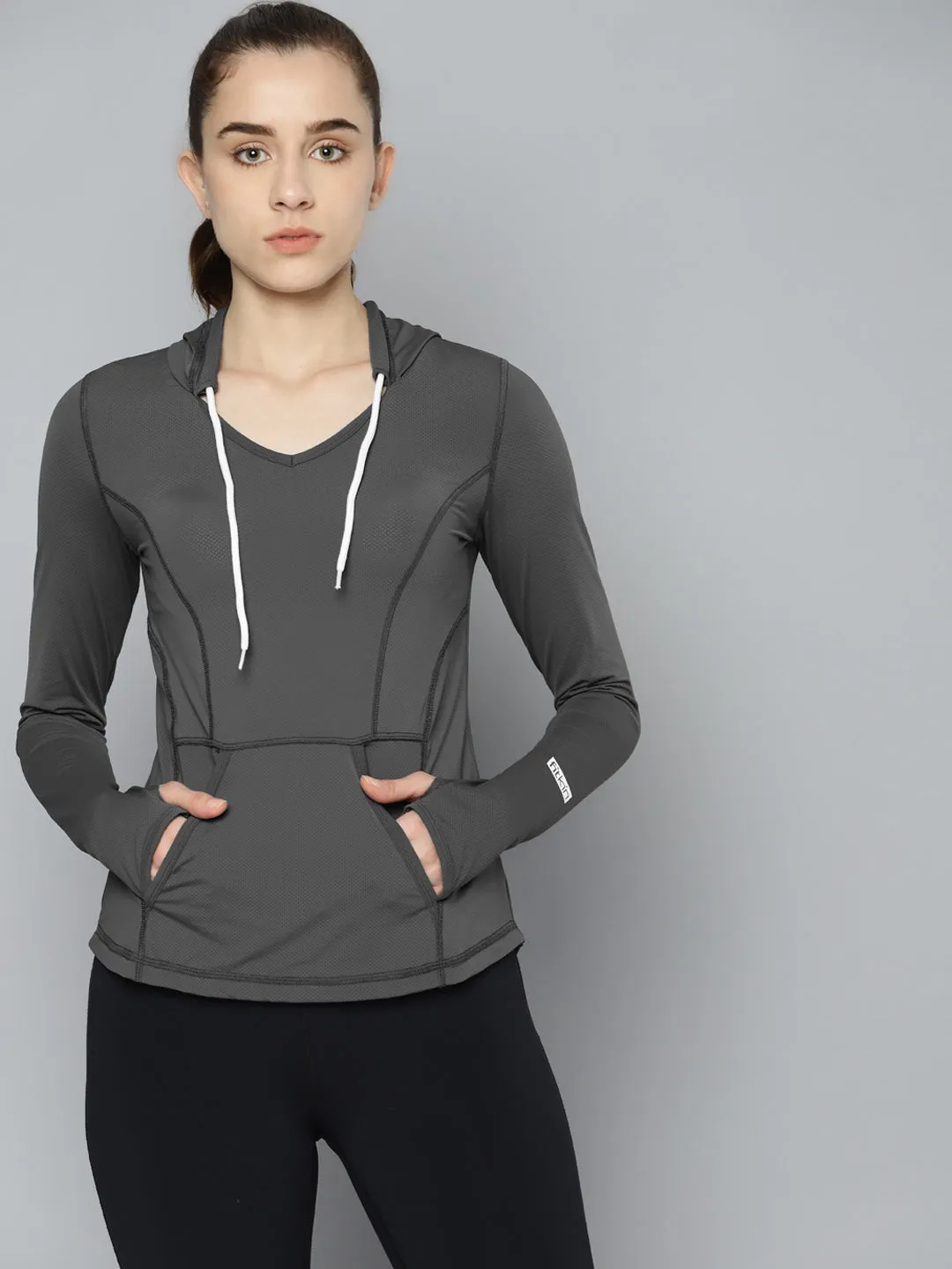 Women's Charcoal Grey Solid Sporty Hooded T-shirt
