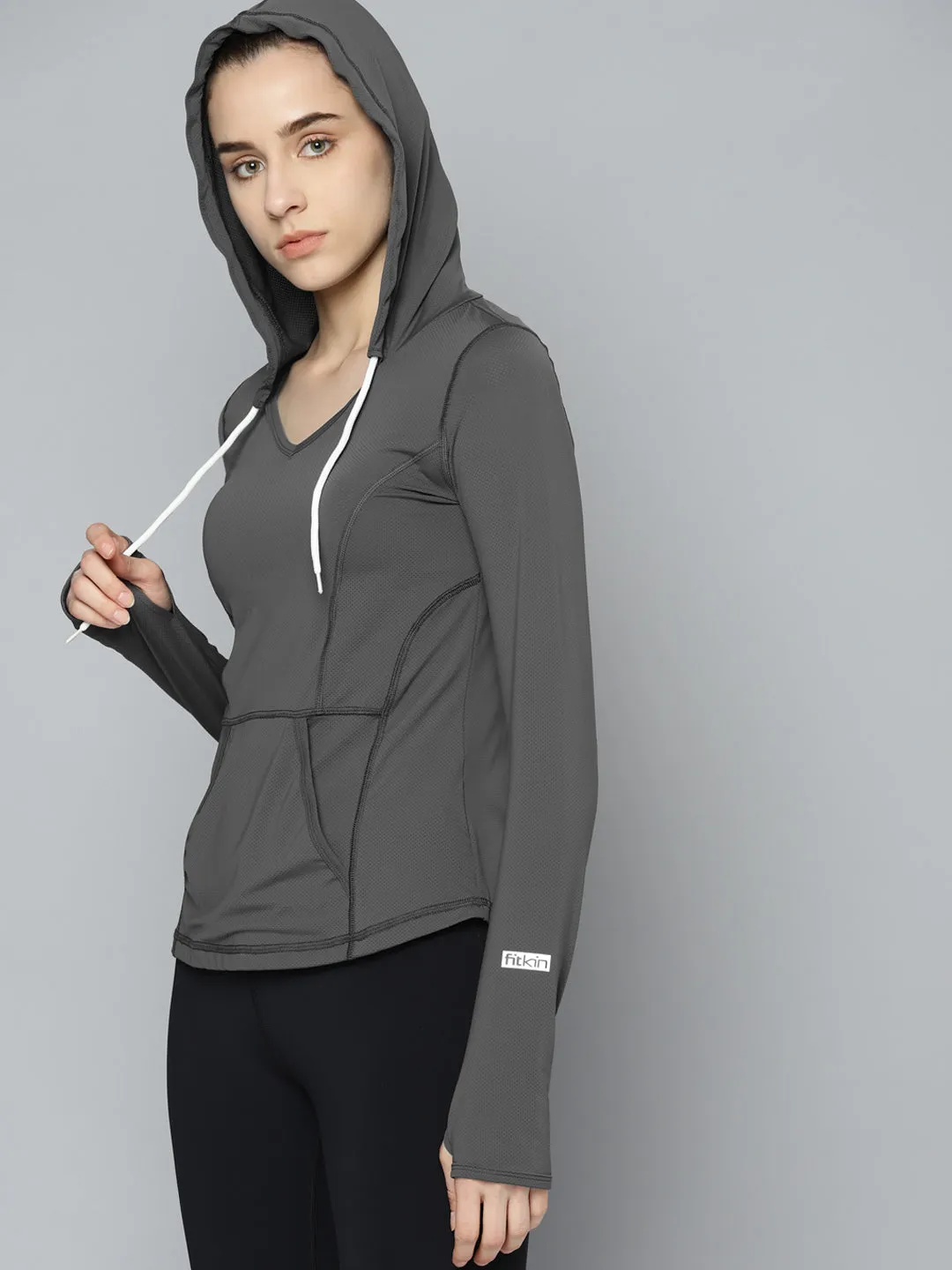Women's Charcoal Grey Solid Sporty Hooded T-shirt