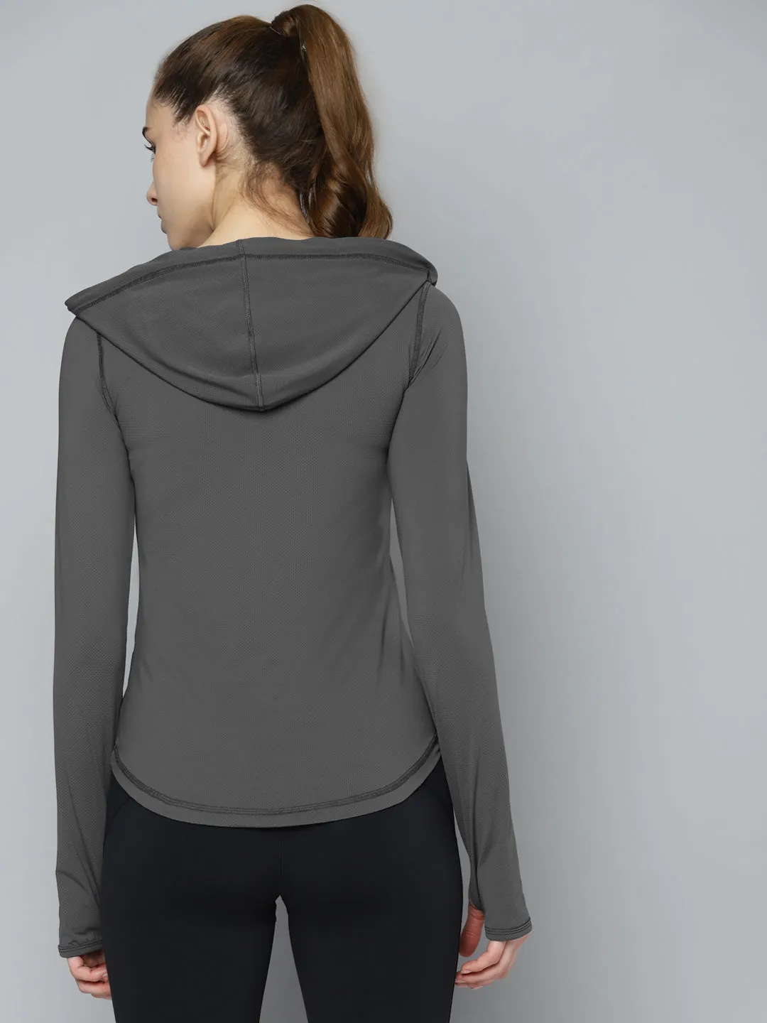 Women's Charcoal Grey Solid Sporty Hooded T-shirt