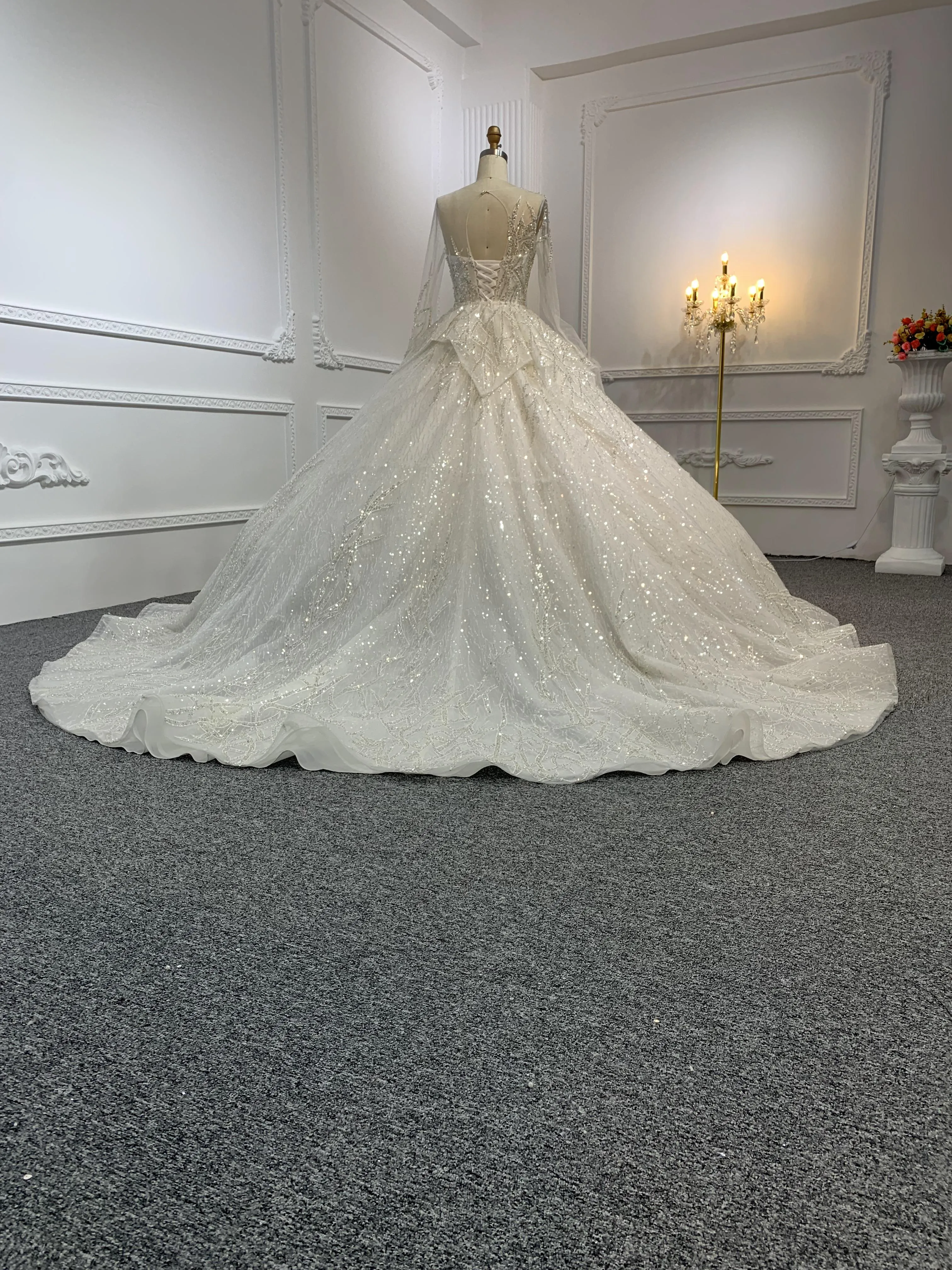 Z009-Long Sleeve Luxurious Sparkle Wedding Gown With Removable Decorative Piece