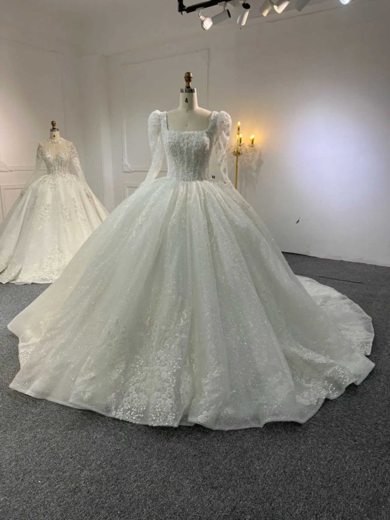 Z319 Long Sleeve Square Neck Luxurious Beaded Puff Dress